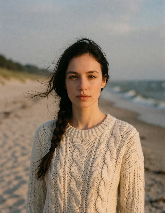 Verified Lithuanian member with a loose braid and cream cable-knit sweater on the windswept Baltic shoreline near Nida