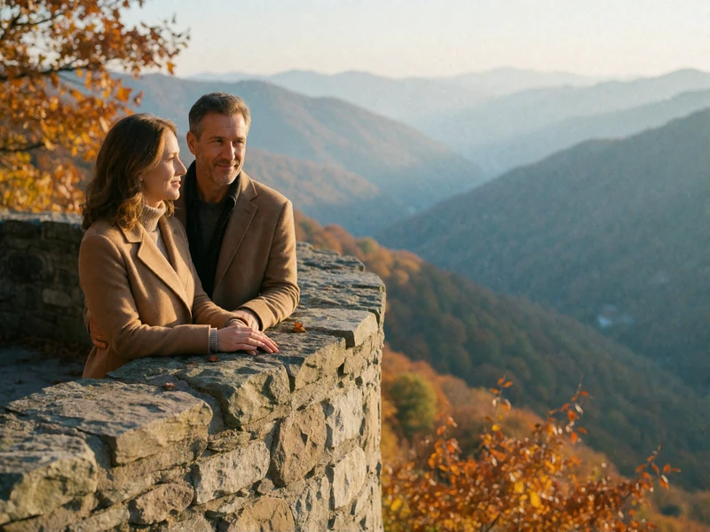 Couple in their forties standing at a stone parapet on a mountaintop terrace overlooking a hazy valley