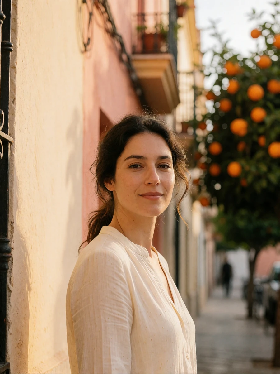 Spanish woman in her thirties with dark hair leaning against a sun-warmed pastel wall on a Valencian street