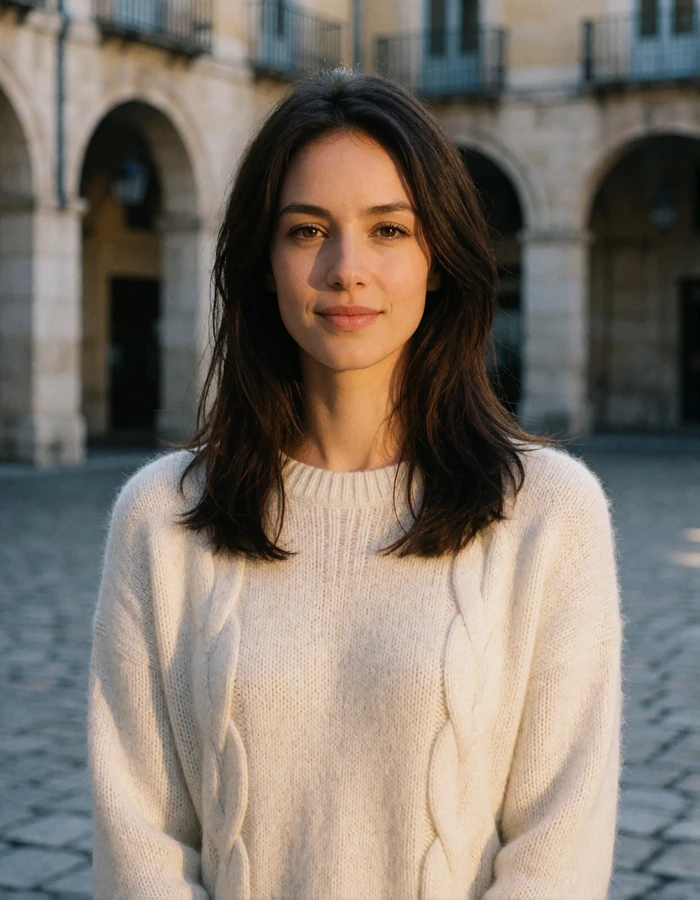 Verified San Marinese member with dark brown hair photographed on a stone-paved square near pale stone arcades