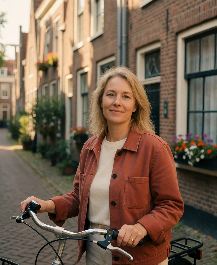 Dutch woman in her early forties in a rust-colored jacket standing beside a bicycle on a cobbled street of brick townhouses