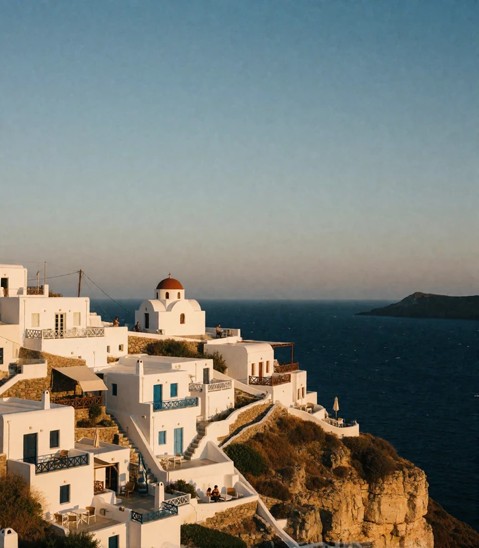Whitewashed Aegean cliffside houses above deep blue water on the Greek coastline