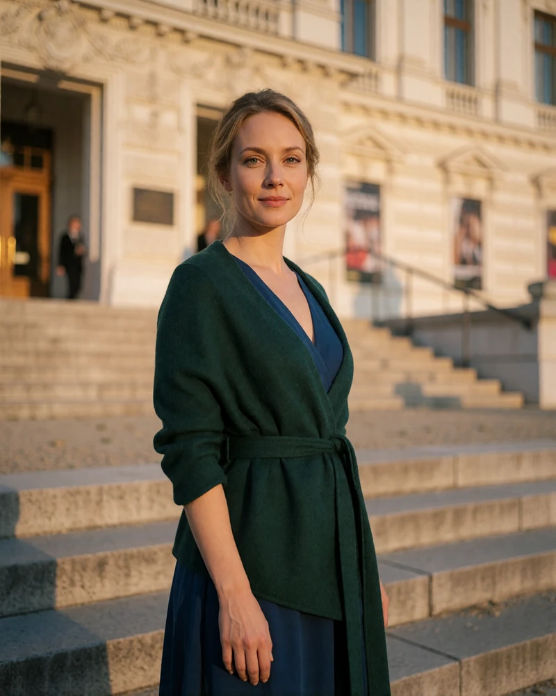 Verified Austrian member with blonde hair pinned back standing on the stone steps of a Viennese cultural building