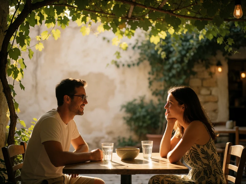 Couple seated across a small table at an open-air Cypriot taverna shaded by a vine canopy