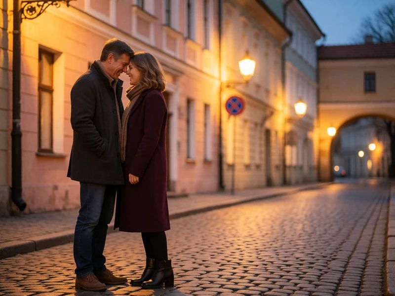 Couple in their forties laughing together on a cobbled Vilnius lane lit by warm evening street glow