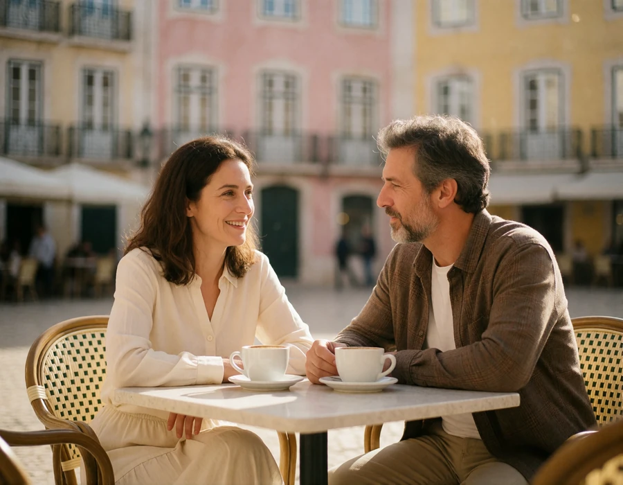 Couple in their forties sitting at an outdoor cafe table in a Portuguese square in morning light, mid-conversation
