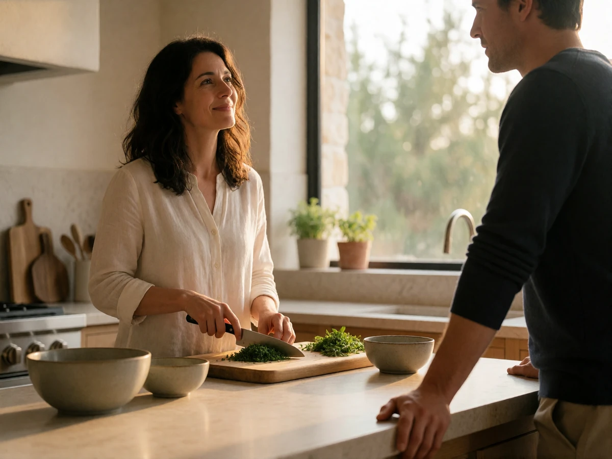 Woman preparing food at a bright kitchen island while smiling at her partner leaning on the counter opposite her