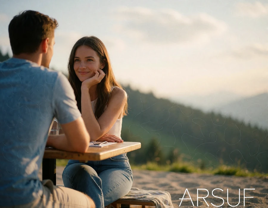 Couple sitting together at an outdoor mountain terrace cafe table, the woman resting her chin on her hand and smiling at her partner
