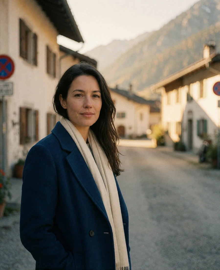 Woman in her mid-thirties with dark hair standing on a quiet village street of pale alpine houses in Liechtenstein