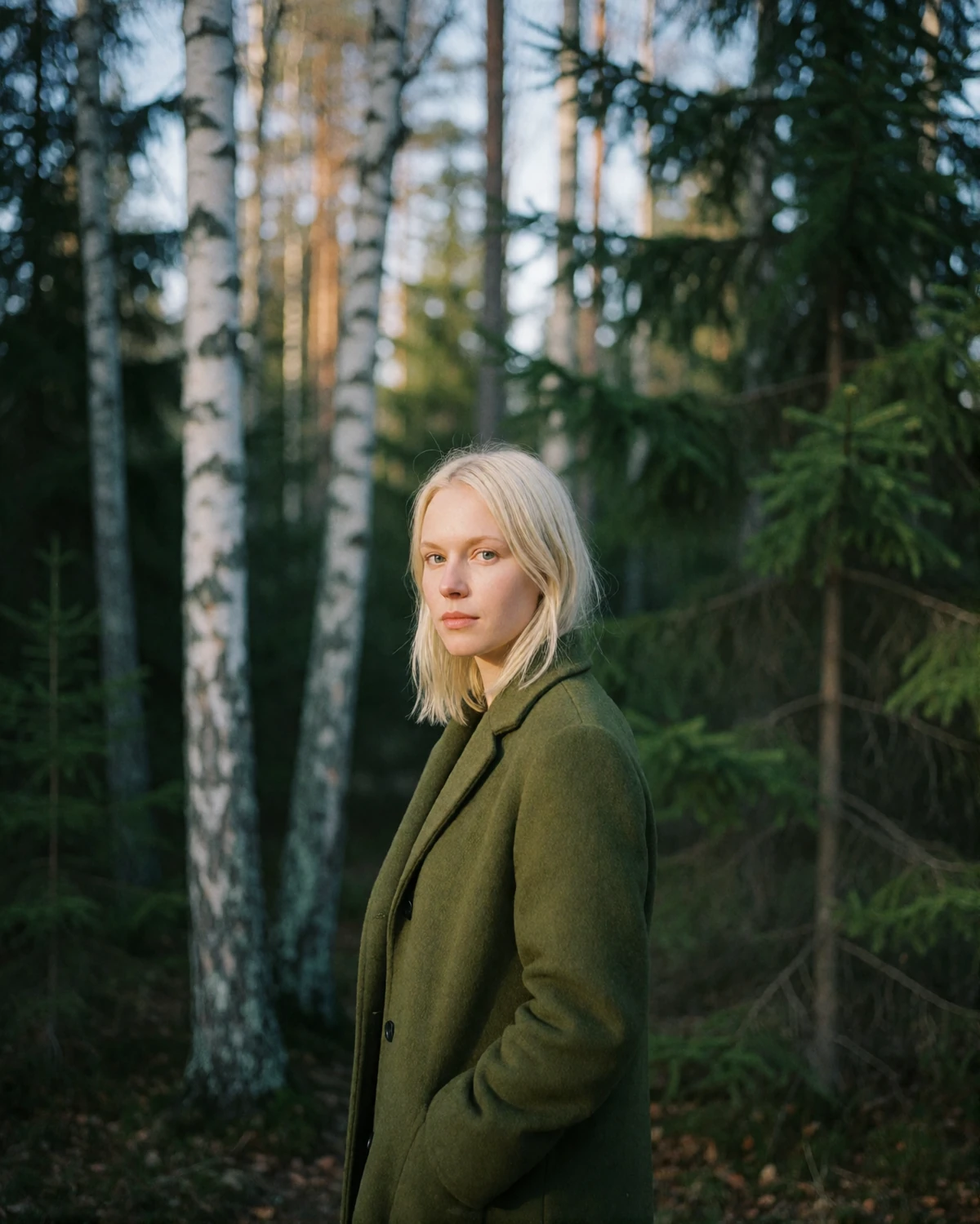 Finnish woman in her early thirties in a moss-green wool coat standing at the edge of a birch and pine woodland