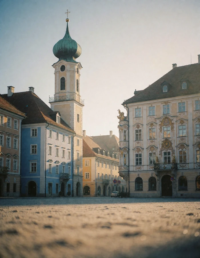 Pastel baroque facades and an onion-domed tower on a quiet Bavarian town square in soft morning haze