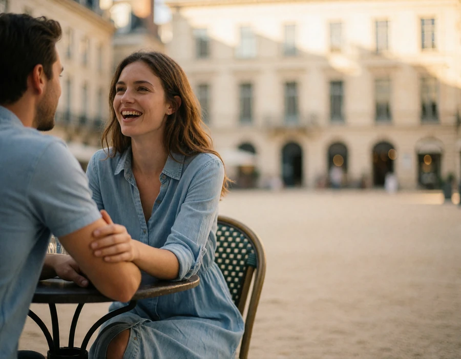 Couple sharing a quiet moment at an outdoor table on a Luxembourg city square
