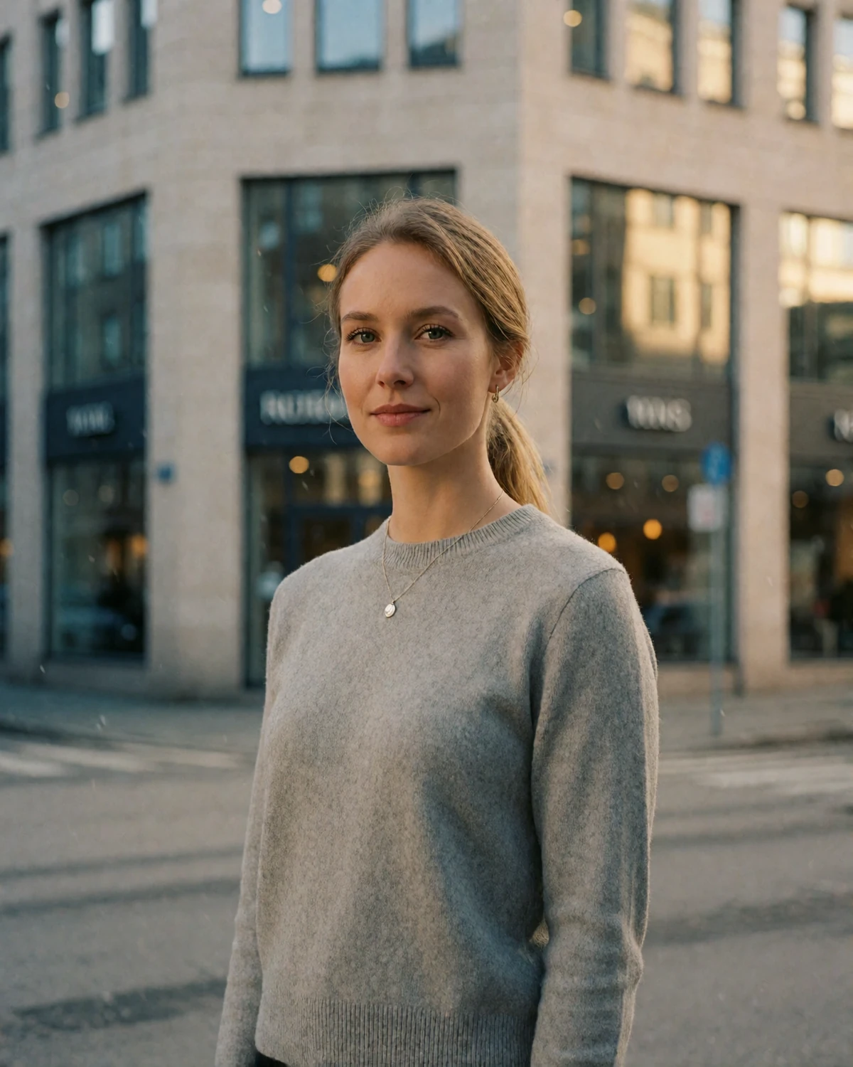 Norwegian woman in her early thirties with light hair in a soft ponytail standing on a clean Oslo street corner