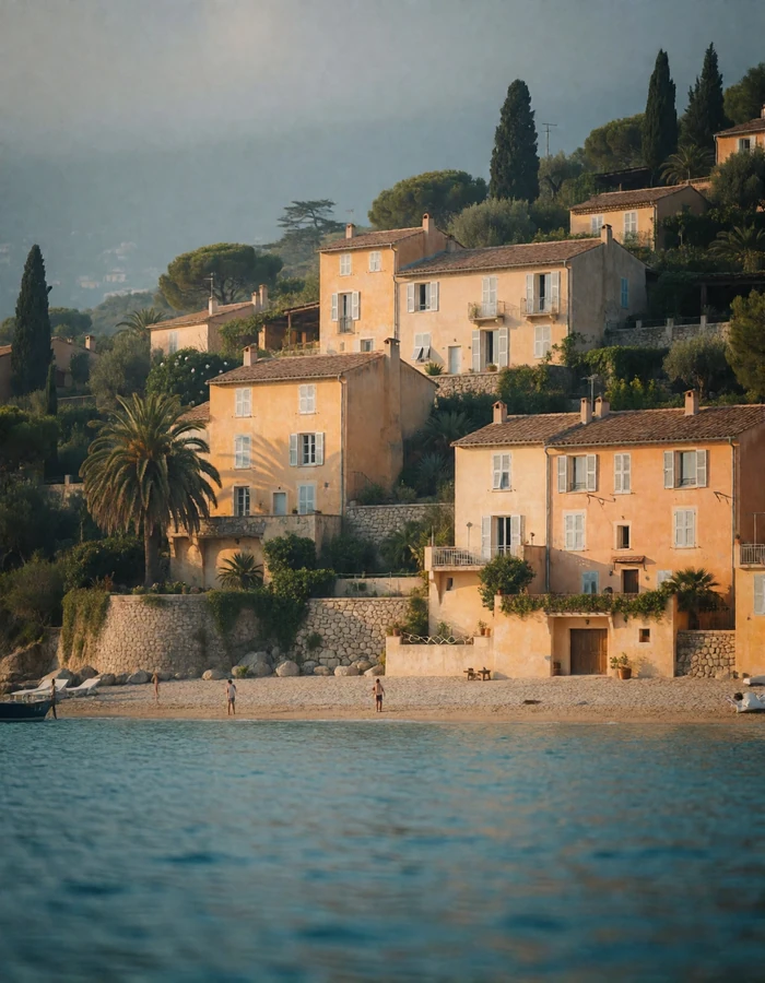French Riviera hillside village with ochre houses and terracotta roofs descending toward the sea