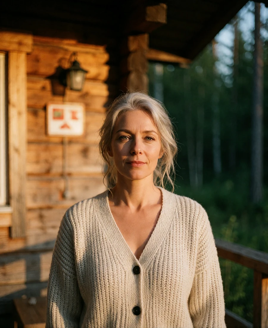 Verified Finnish member with ash-blonde hair standing on a wooden cabin porch in warm evening light
