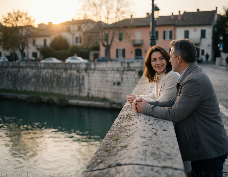 Couple in their forties leaning on a stone river bridge parapet in relaxed conversation at golden hour
