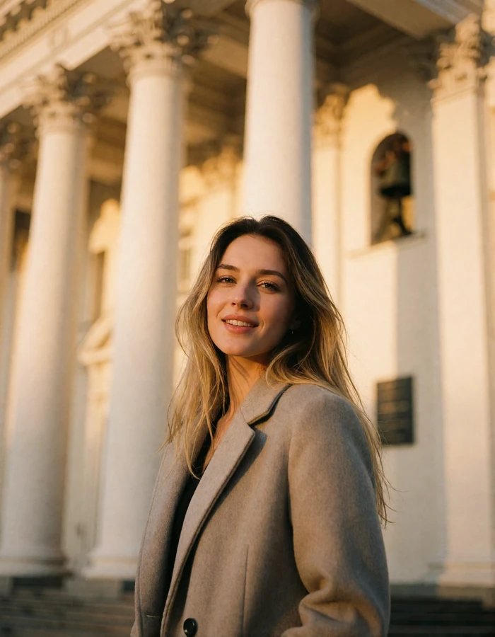 Verified Lithuanian member with dark-blonde hair in a grey wool coat near Vilnius Cathedral Square