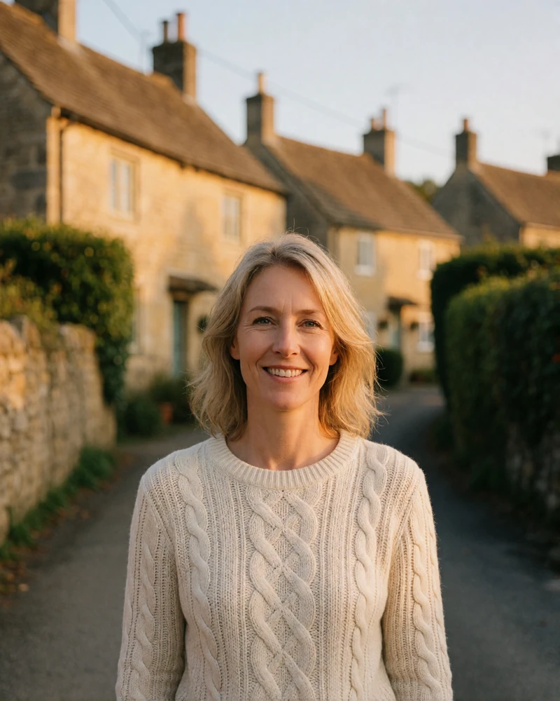 Verified British member from the Cotswolds with light blonde hair in a cream sweater on a village lane of limestone cottages