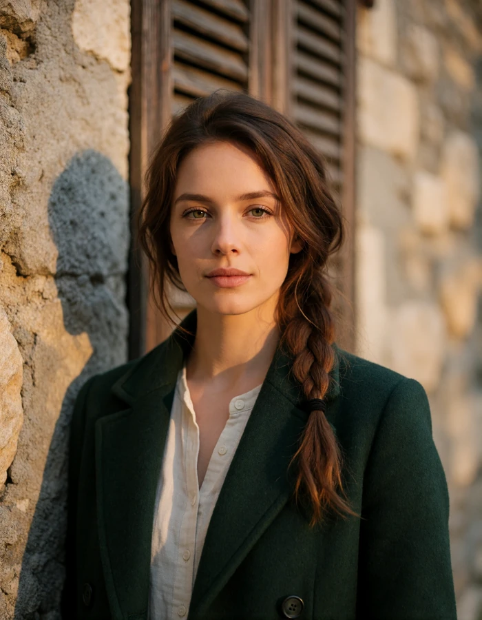 Verified Andorran member with chestnut hair in a loose braid standing against a stone wall with a wooden shutter