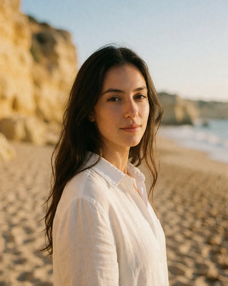 Verified Portuguese member with long dark hair in a white linen shirt on an Algarve beach path