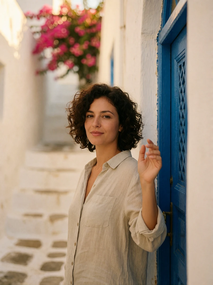 Greek woman in her thirties with dark curls standing in a whitewashed island alley beside a blue-painted doorframe