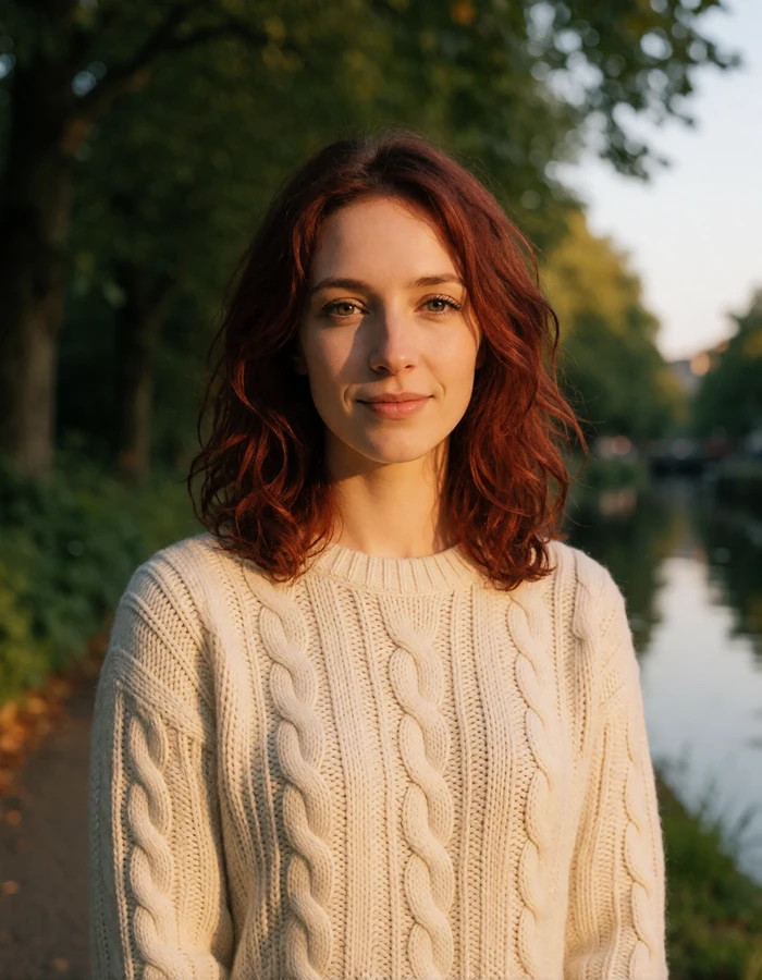 Verified Irish member from Dublin with wavy auburn hair on a canal path lined with green trees