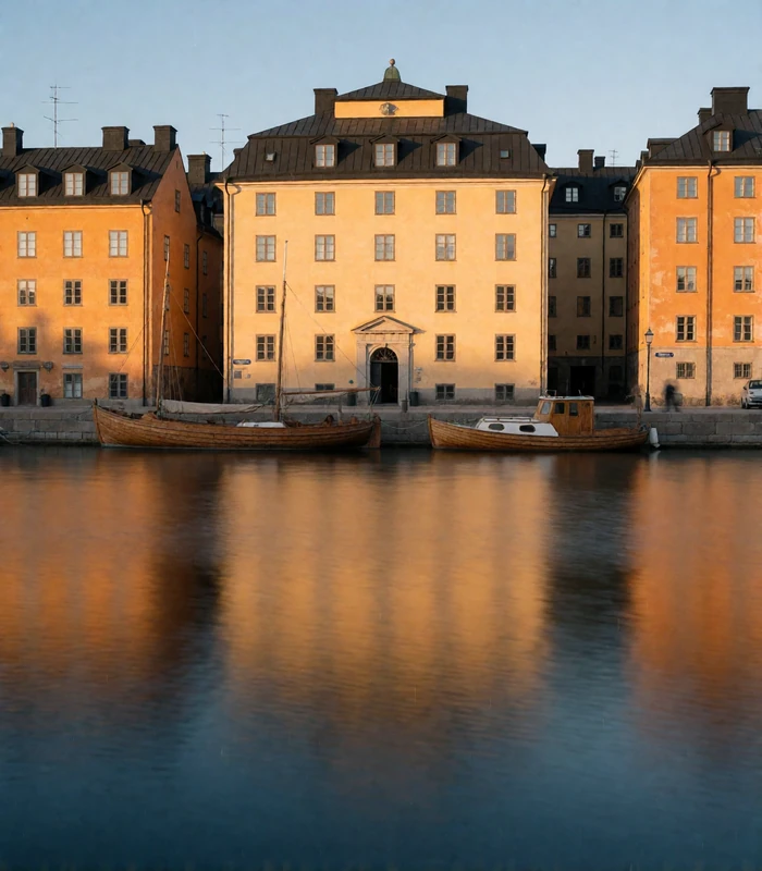Golden-hour view of the Stockholm waterfront with ochre facades and moored wooden boats along calm water