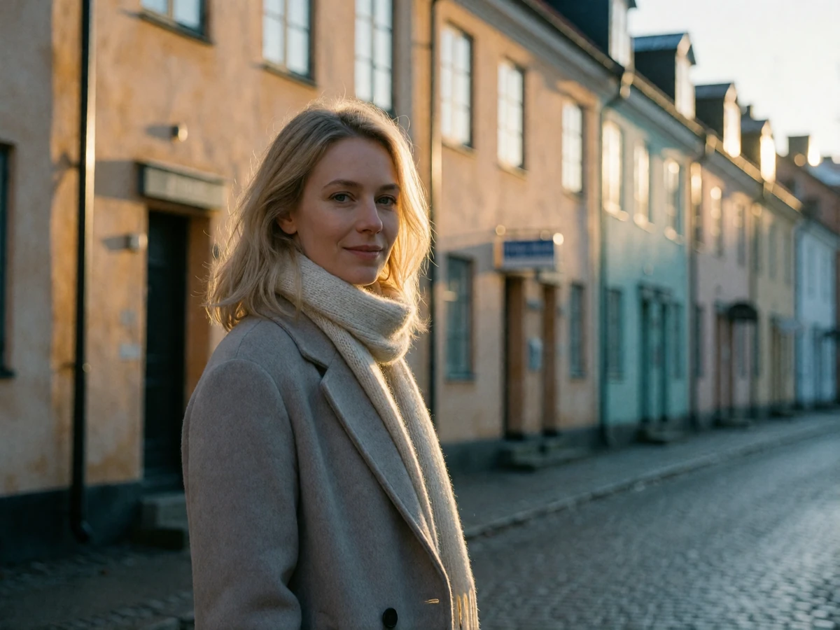 Blonde woman in a wool coat smiling on a quiet Nordic city street in winter afternoon light