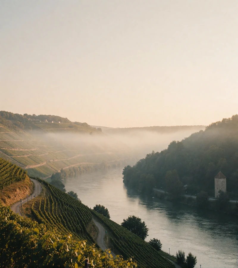 Broad river winding between steep terraced vineyard slopes with morning mist layered across the valley