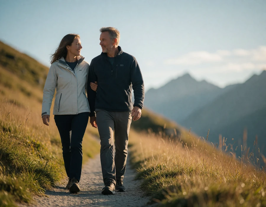 Couple in their forties walking together on a grassy alpine path with mountain peaks and open sky in soft golden light