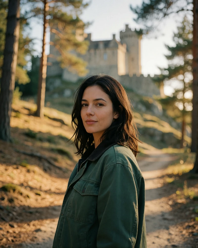 Verified member from Liechtenstein with dark shoulder-length hair on a wooded hillside path near a stone castle