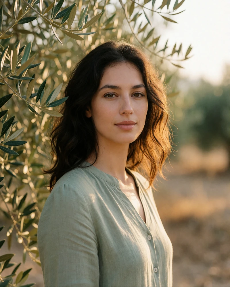 Verified Greek member from Crete with dark wavy hair standing in a Cretan olive grove