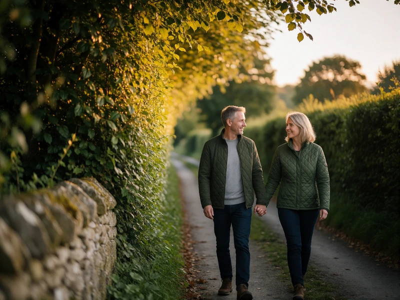 Couple in their late forties walking hand in hand down a narrow hedgerow-lined country lane
