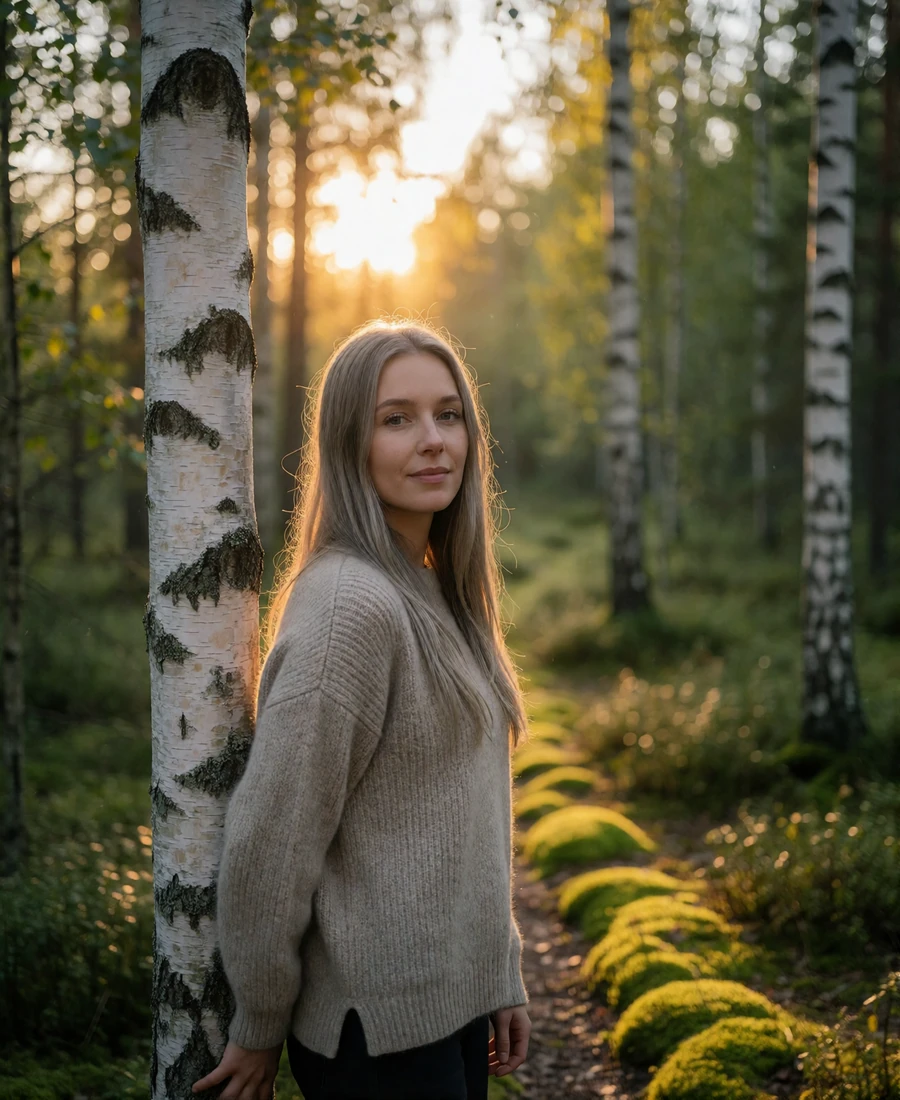 Estonian woman in an oatmeal knit sweater standing on a mossy forest path among white birch trees