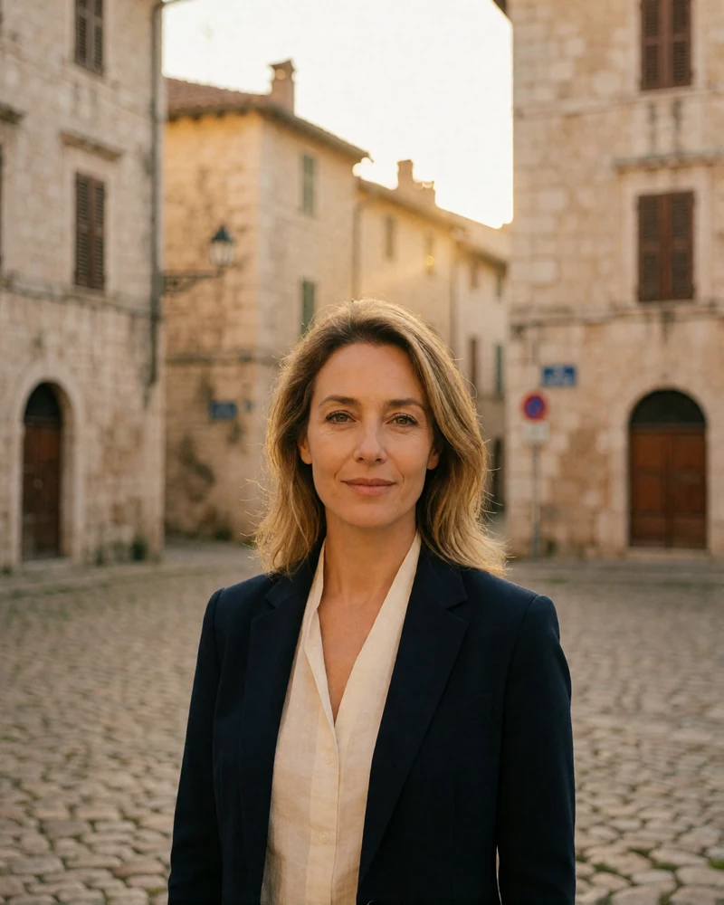 Verified Dutch member from Maastricht with dark blonde hair in a navy blazer on an old cobbled square framed by limestone buildings