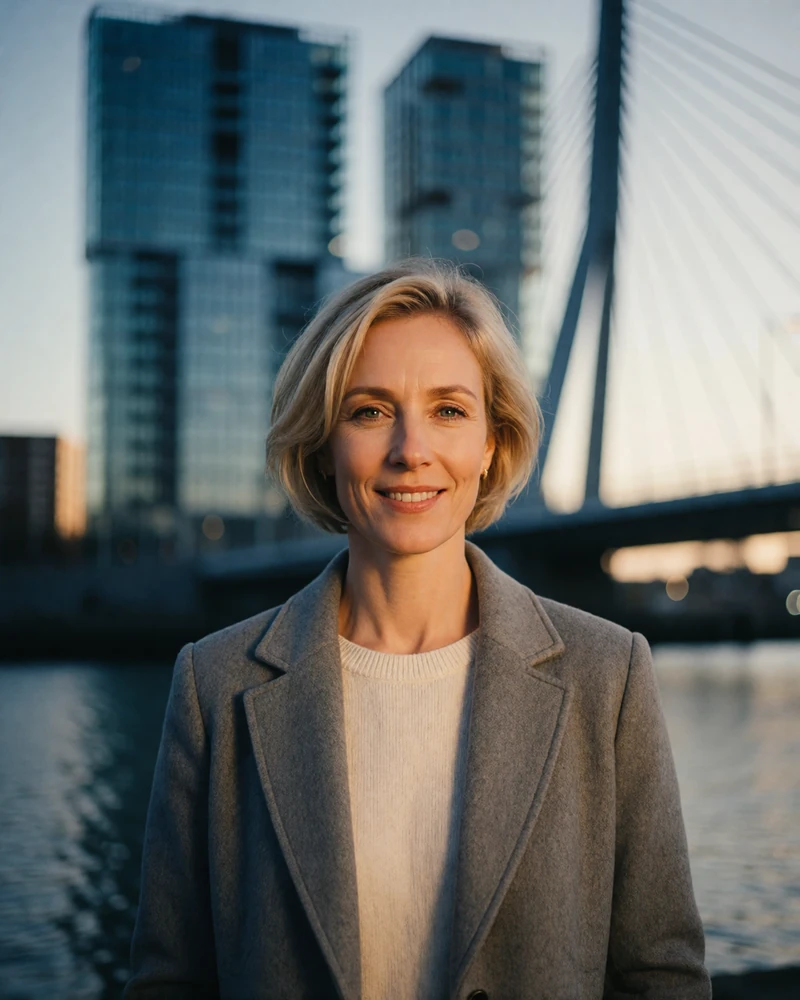 Verified Dutch member from Rotterdam with short blonde hair in a tailored grey coat on a modern harbour waterfront