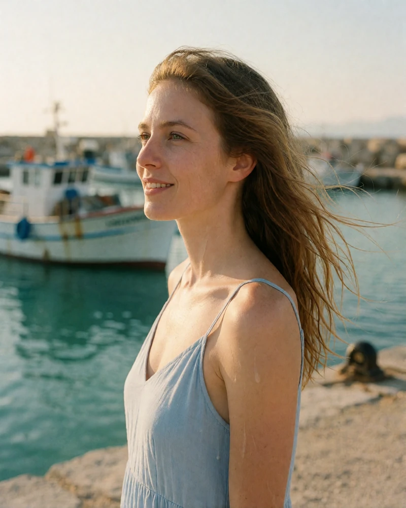 Verified Greek member from Naxos with sun-lightened brown hair standing on a small island harbour quay