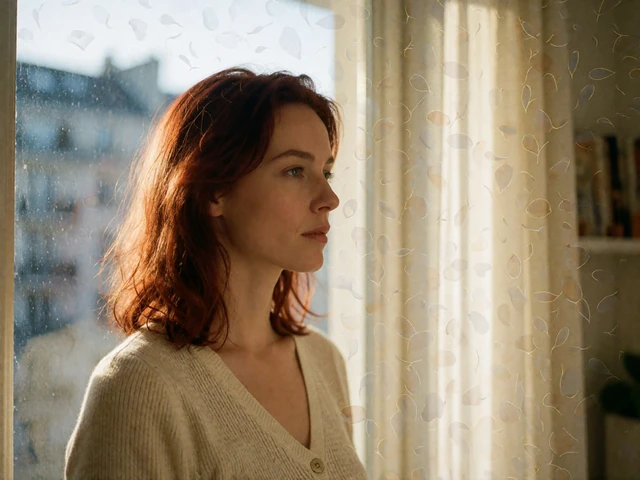 Thoughtful woman standing by a sunlit apartment window while considering a move to be with her partner