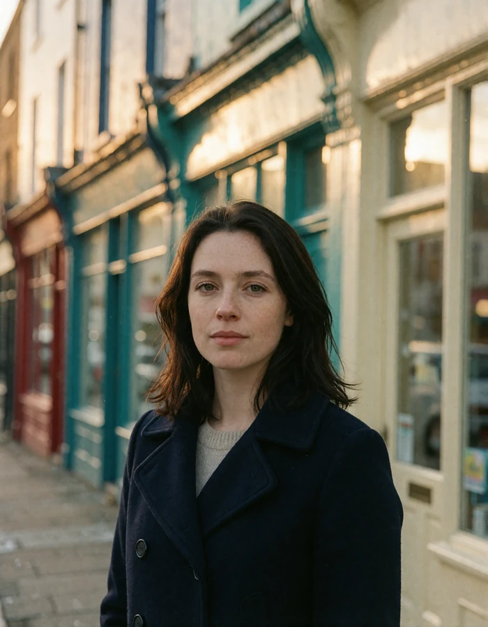 Verified Irish member from Galway with dark hair standing before brightly painted shopfront facades