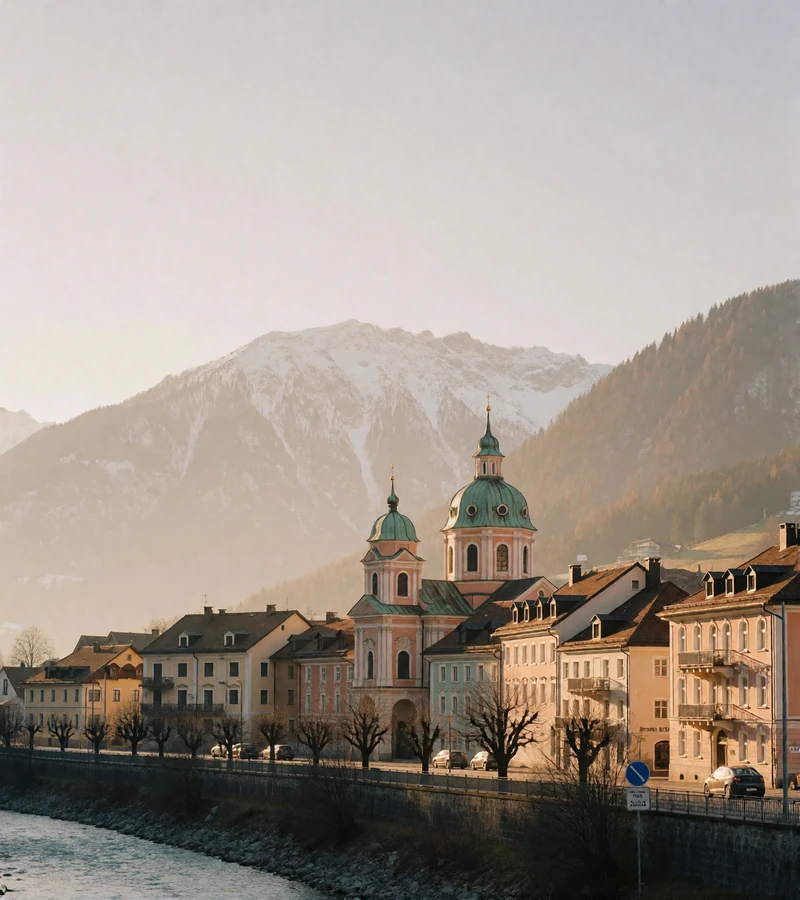Baroque Austrian alpine town of pastel facades beside a river below snow-dusted mountains