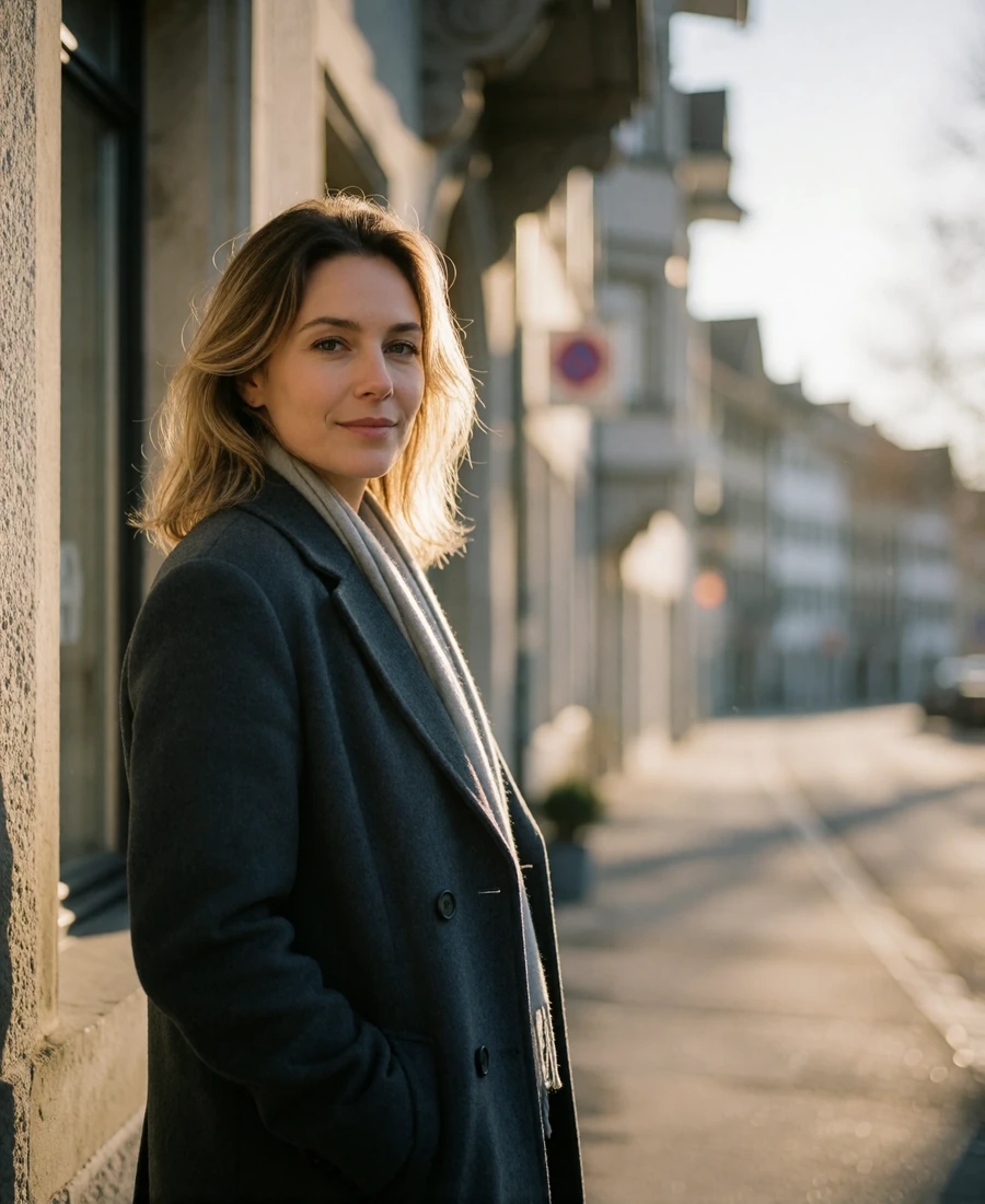 Swiss woman in her mid-thirties with dark blonde hair pausing on a narrow Zurich street lined with historic guild houses