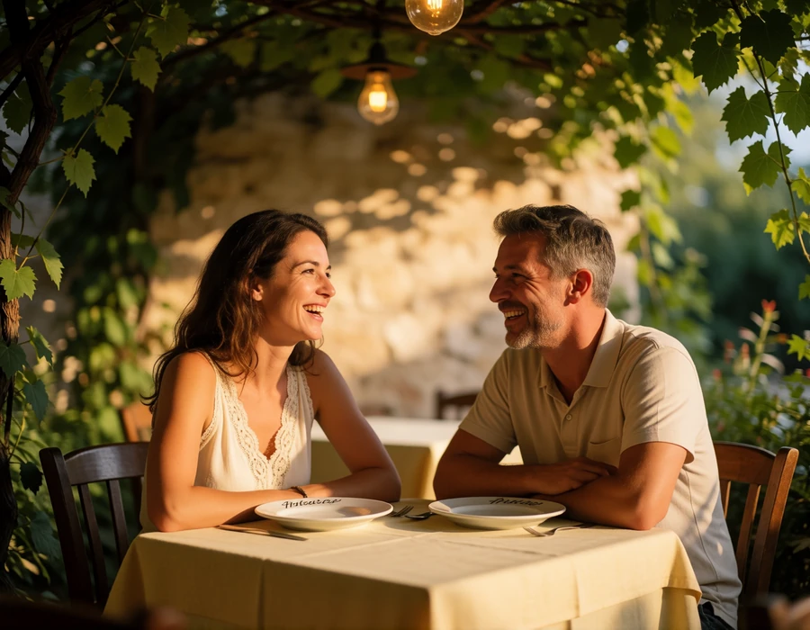 Couple in their late thirties sitting together at a small taverna table under a vine canopy, laughing together