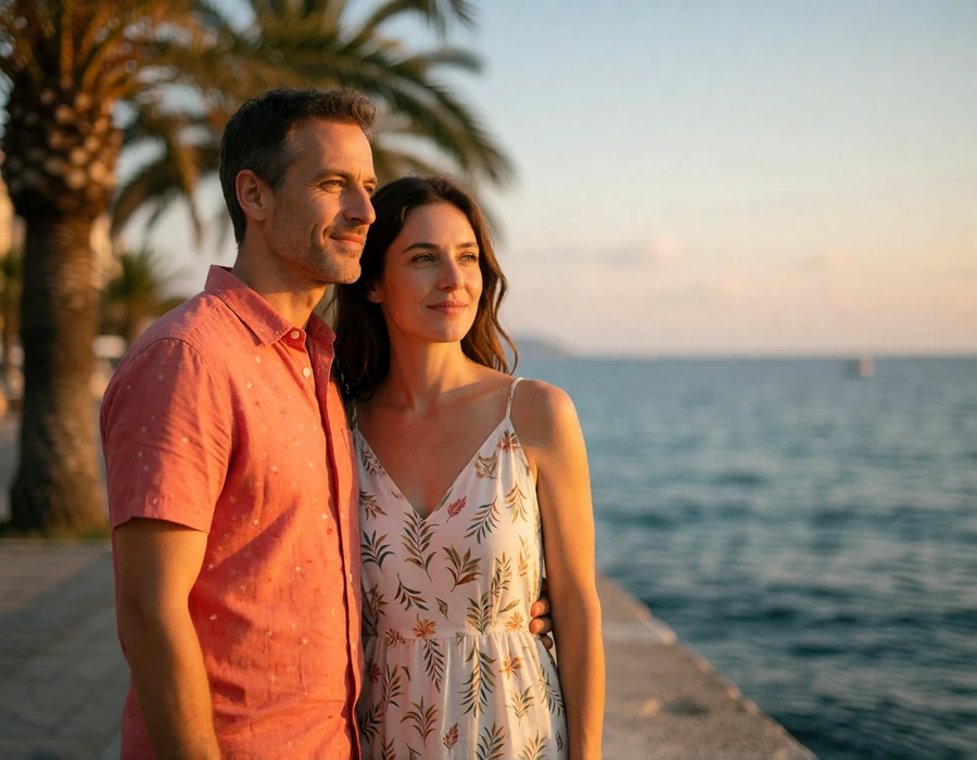 Couple in their late thirties standing together on a Mediterranean promenade at sunset overlooking calm water