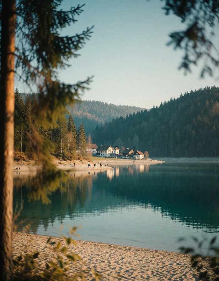 Austrian lake framed by forested hills with a pale lakeside village on the far shore at quiet golden morning light