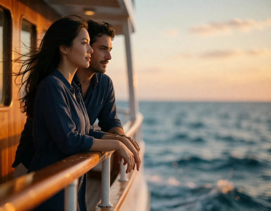Couple standing at the wooden rail of a boat deck at sunset with a blurred sea horizon behind them
