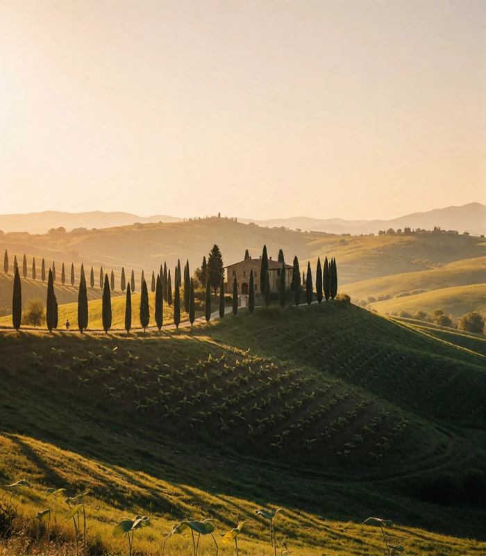 Rolling Tuscan hills with cypress-lined ridges and a distant stone farmhouse at golden hour