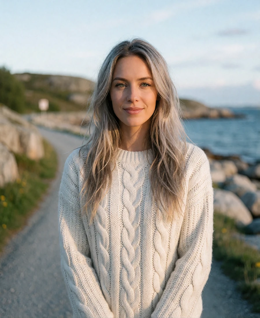 Verified Norwegian member with long ash-blonde hair on a coastal path with rocky northern coastline behind her