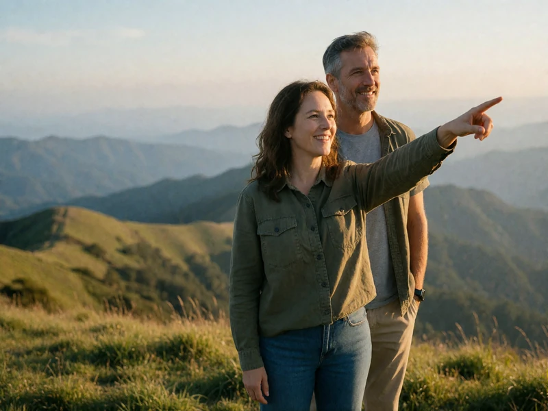 Couple in their late forties standing on a grassy lookout above layered ridges, the woman pointing into the distance