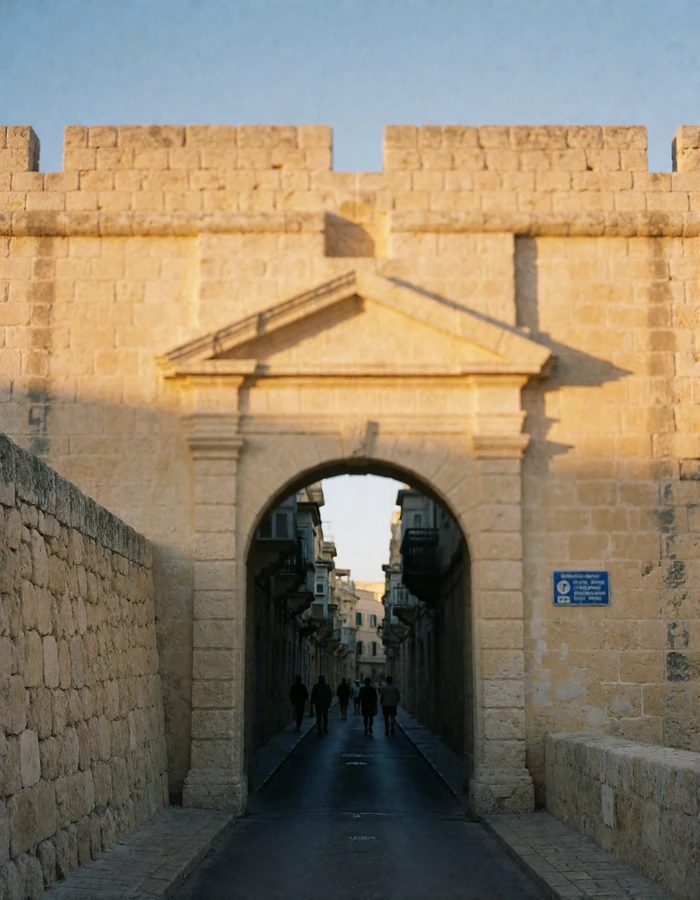 Honey-limestone Maltese fortified gateway and narrow shaded street in warm evening light