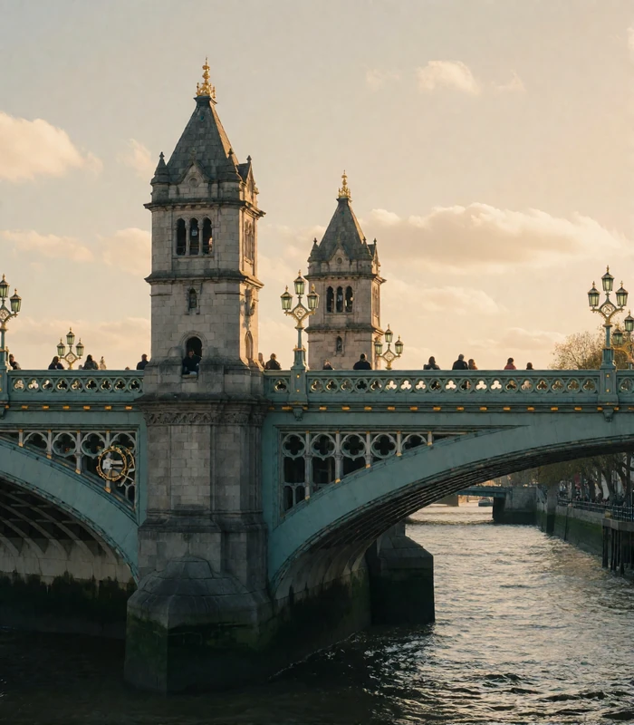 Victorian London bridge with twin stone towers spanning the river at warm early-evening light